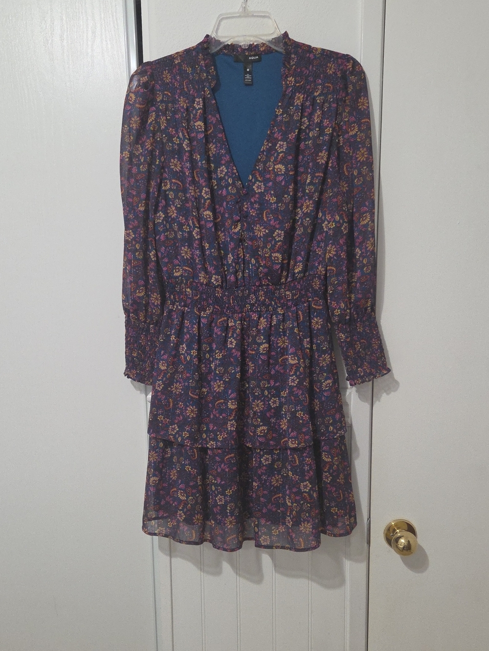 Aqua Purple Floral V-Neck Tiered Mini Dress